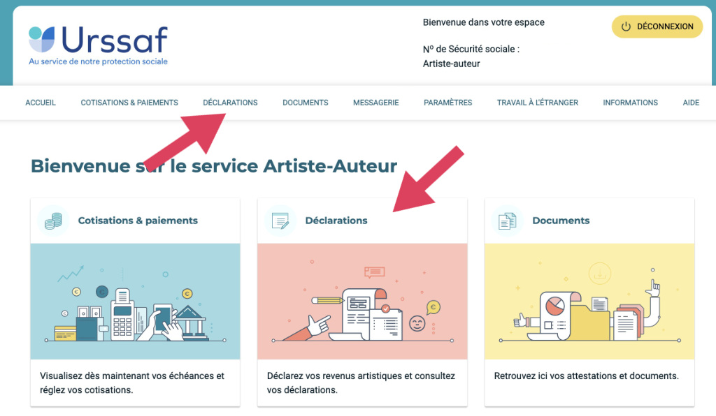copie d'écran de la déclaration Urssaf Artiste Auteur